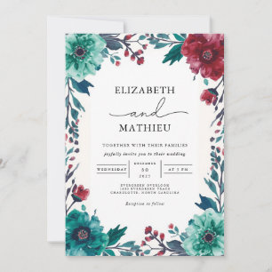 Invitation Moody Turquoise Floral Bordure Mariage