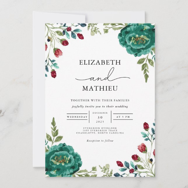 Invitation Moody Turquoise Floral Mariage botanique (Devant)