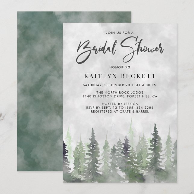 Invitation Moody Watercolor Pine Tree Fête des mariées (Devant / Derrière)