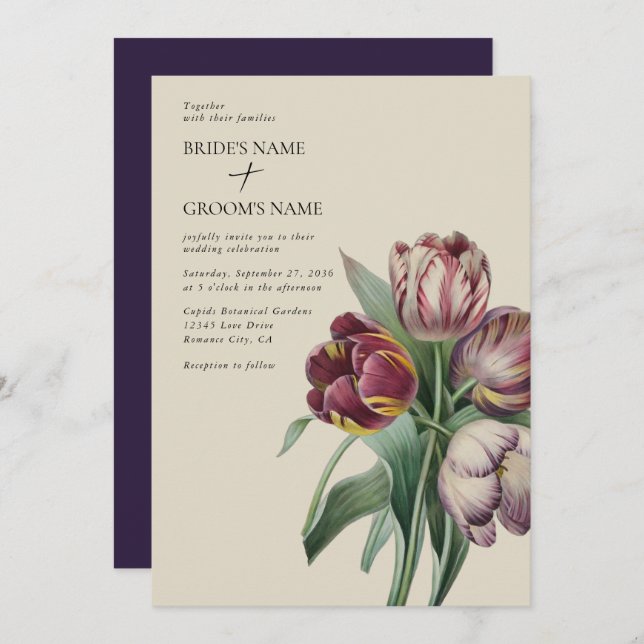 Invitation Moody Watercolor Purple Tulips Mariage (Devant / Derrière)