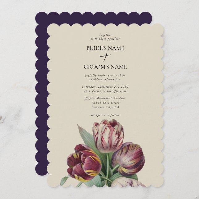 Invitation Moody Watercolor Purple Tulips Mariage traditionne (Devant / Derrière)