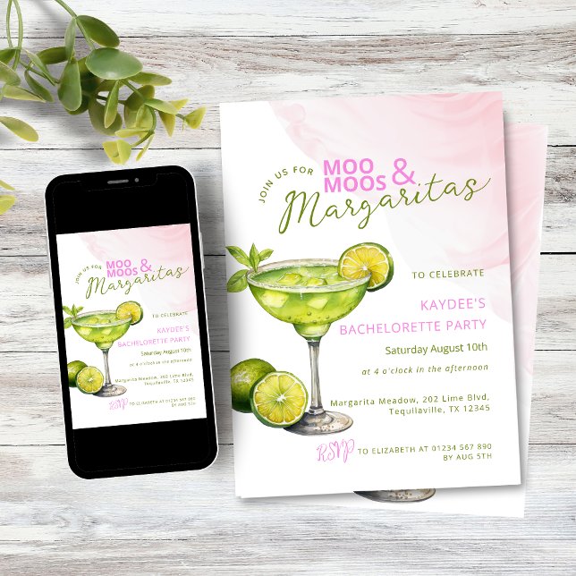 Invitation MooMoos & Margaritas Fête de Fiançailles Rose (Pink and green MooMoos and Margaritas bachelorette party invitation)