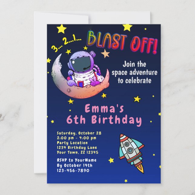 Invitation Moon Adventure (fille) Anniversaire Fête Invitatio (Devant)