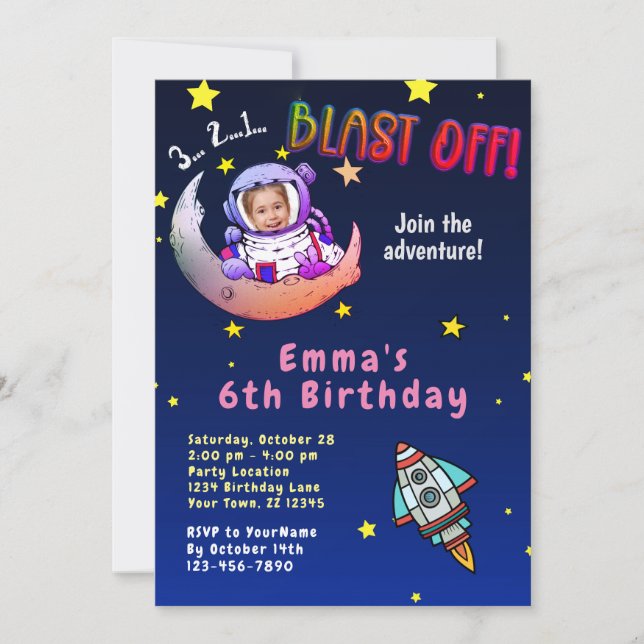 Invitation Moon Adventure (fille) Photo Anniversaire Invitati (Devant)