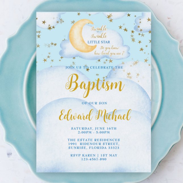 Invitation Moon and Stars Baby Boy Baptism  (Créateur téléchargé)