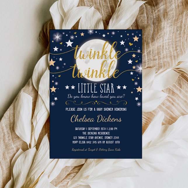 Invitation Moon Baby shower Twinkle Little Star Marine Gold (Créateur téléchargé)