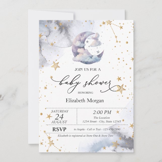 Invitation Moon Clouds Stars Baby Shower (Devant)