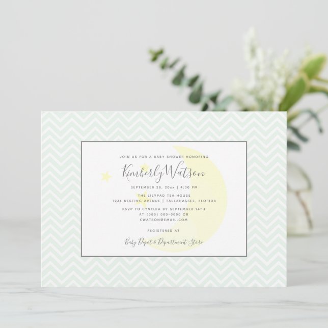 Invitation Moon et Stars Chevron Baby shower | Vert menthe (Debout devant)