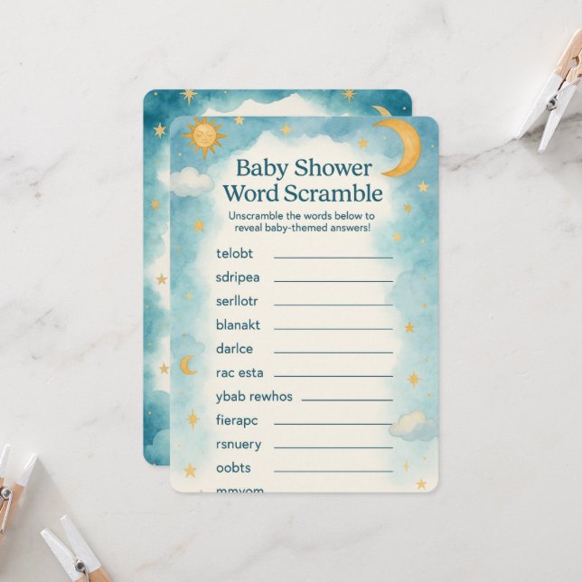 Invitation Moon, Etoiles et Baby shower de Scramble Word Whim (Devant/Arrière en situation)
