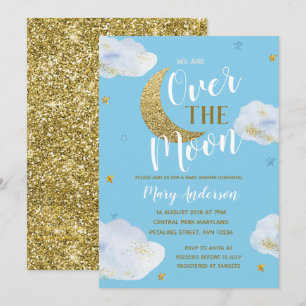 Invitation Moon Sky Blue Powder Baby shower bleu et or