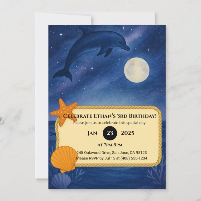 Invitation Moonlit Dolphin & Ocean Night Scene Birthday  (Devant)