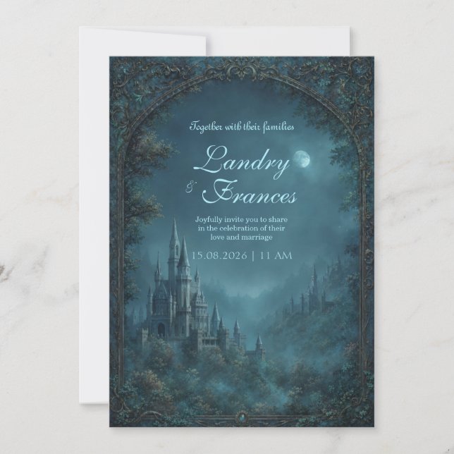 Invitation Moonlit Gothic Teal Fantasy Castle Wedding (Devant)