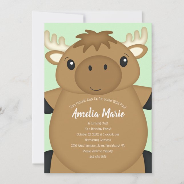 Invitation Moose Birday Party Green (Devant)