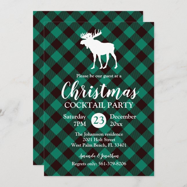 Invitation Moose et Buffalo Green Plaid Motif Noël (Devant / Derrière)
