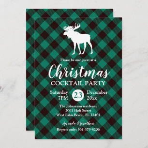 Invitation Moose et Buffalo Green Plaid Motif Noël