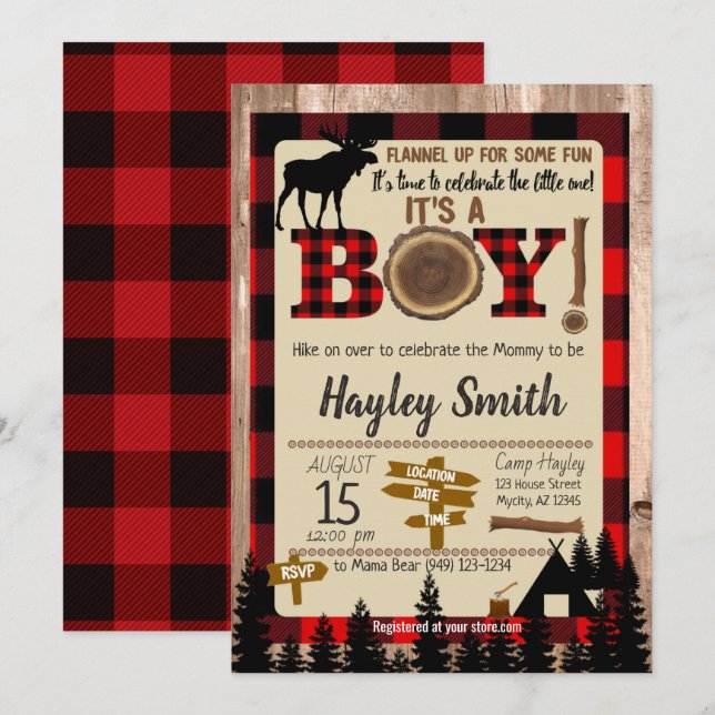 Invitation Moose Flannel up Lumberjack Plaid Baby shower (Devant / Derrière)