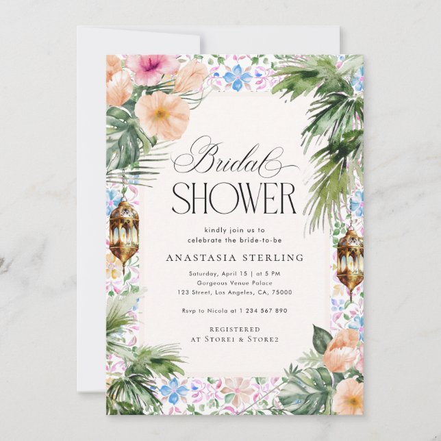Invitation Moroccan Tile Palm Tree & Hibiscus Bridal Shower  (Devant)
