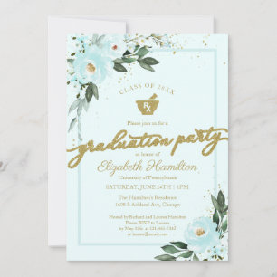 Invitation Mortar Pestle Pharmacie Grad Party Gold Turquoise