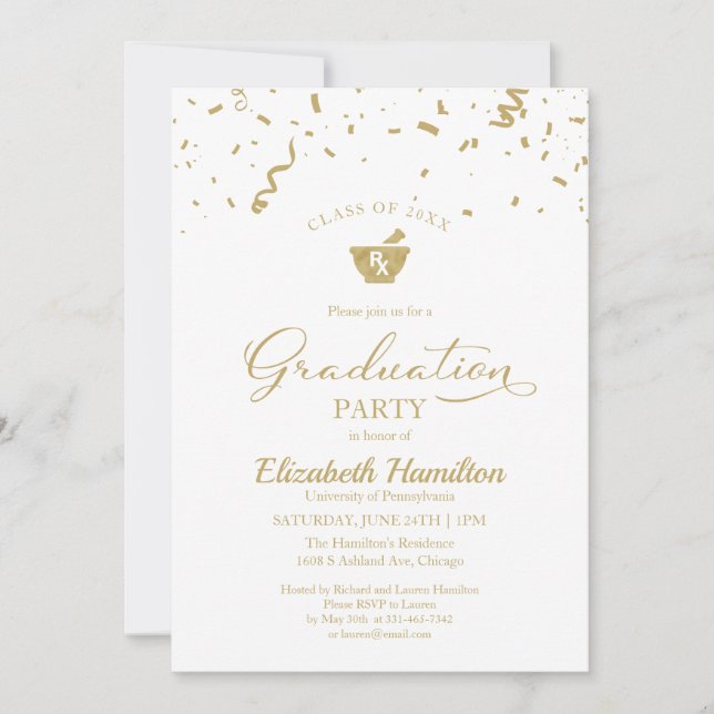 Invitation Mortar Pestle Pharmacy Grad Party Gold Confetti (Devant)