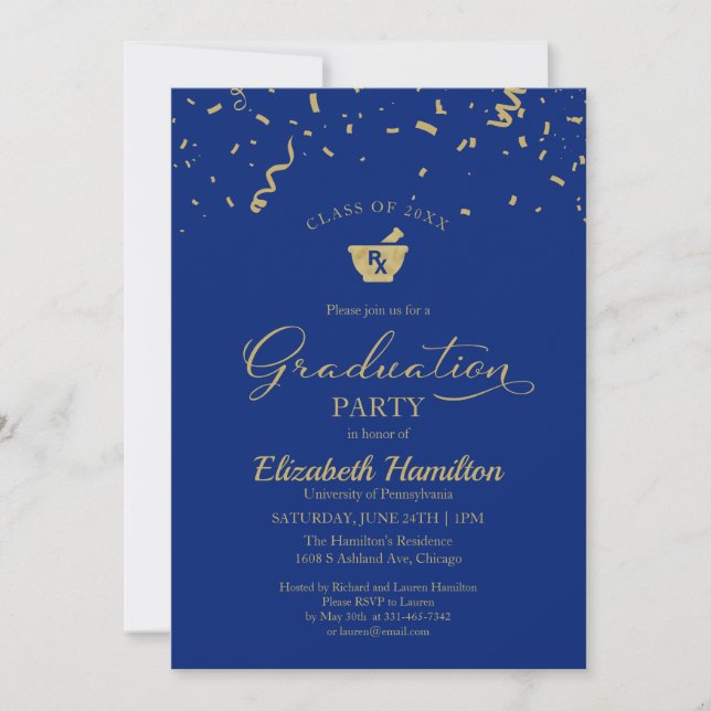 Invitation Mortar Pestle Pharmacy Grad Party Gold Confetti (Devant)