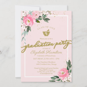 Invitation Mortar Pestle Pharmacy Grad Party Hot rose Floral
