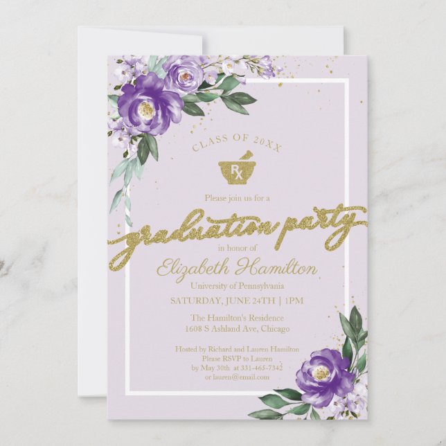Invitation Mortar Pestle Pharmacy Grad Party Purple Floral (Devant)