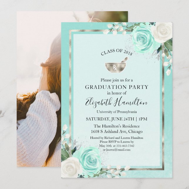 Invitation Mortar Pharmacy School Grad Party Photo Turquoise (Devant / Derrière)