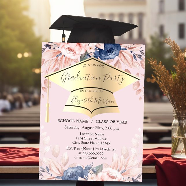 Invitation Mortier de fin d'études, Fleurs Rose Clair de fin  (Créateur téléchargé)