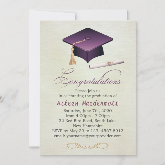 Invitation Mortier et diplôme violet Partie de graduation (Devant)