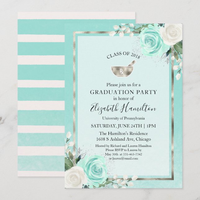 Invitation Mortier Pilule Rx Pharmacie École Diplômé Fête Sar (Devant / Derrière)