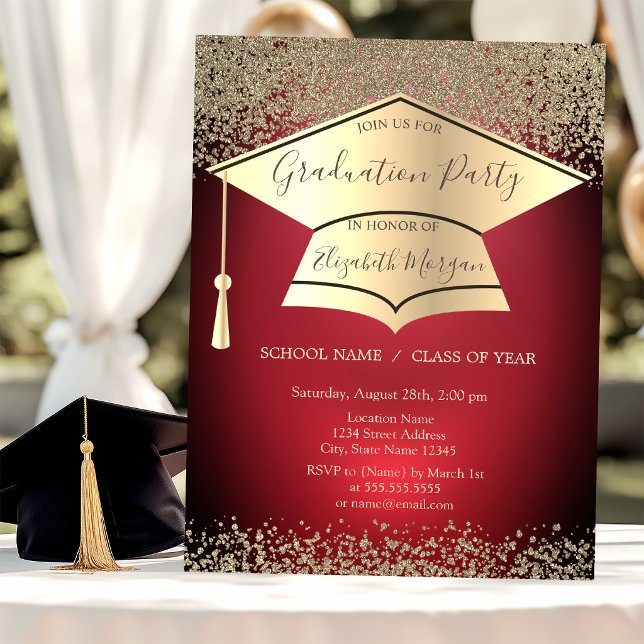 Invitation Mortier universitaire, Diamants dorés Foncé Rouge  (Créateur téléchargé)