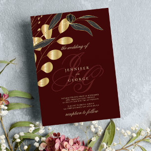 Invitation Mosaïque or bourguignon initiales mariage floral