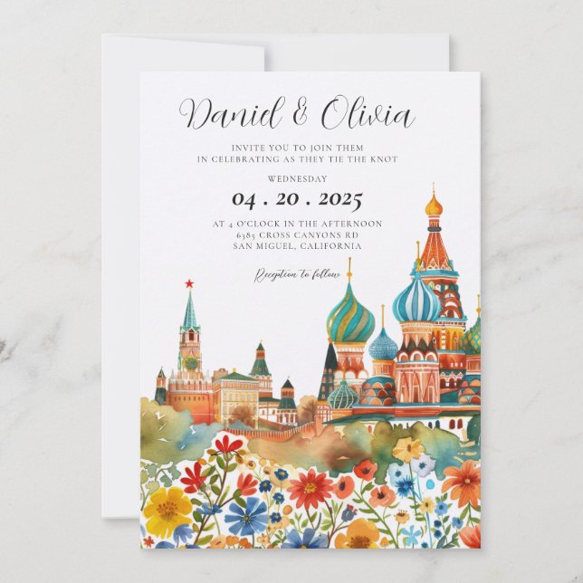 Invitation Moscou Aquarelle Mariage Russe (Devant)
