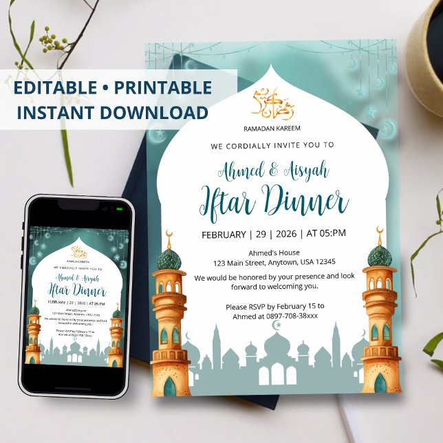 Invitation Mosquée à l'aquarelle Mint Teal & Or Ramadan Iftar (Créateur téléchargé)