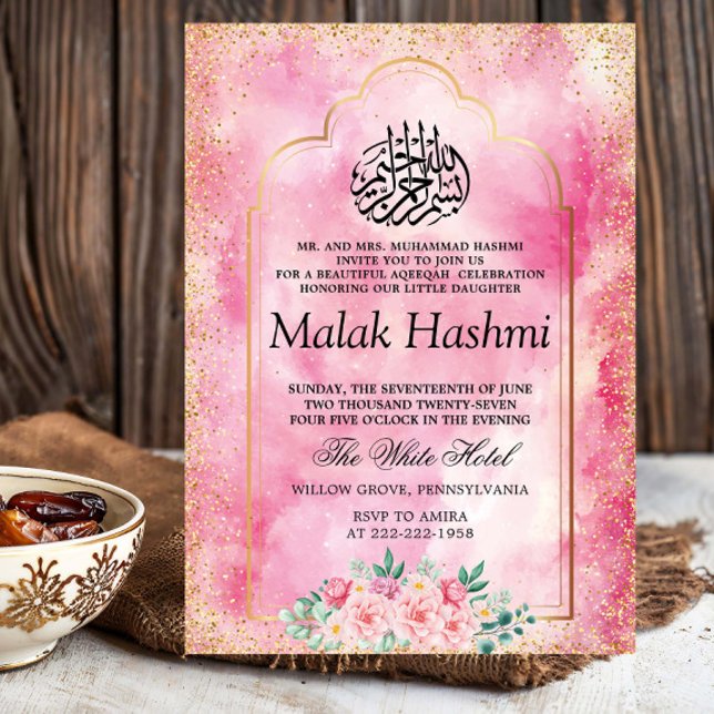 Invitation Mosquée d'or Elagant aquarelle islamique Aqeeqah (Créateur téléchargé)