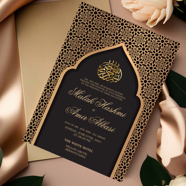 Invitation Mosquée d'or Géométrique Noir musulman Mariage mus (Créateur téléchargé)