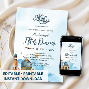 Invitation Mosquée élégante aquarelle bleue Ramadan Iftar