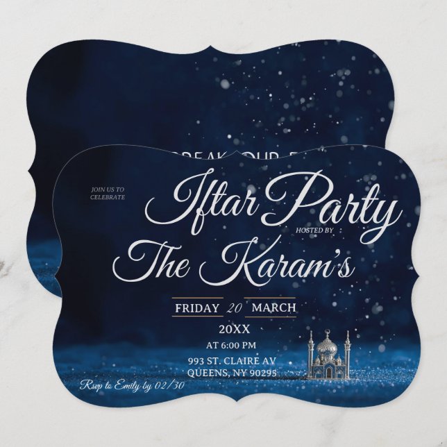 Invitation Mosquée élégante bleue, fête Iftar de Ramadan  (Devant / Derrière)