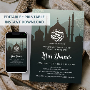 Invitation Mosquée en silhouette sous le ciel nocturne Dîner 