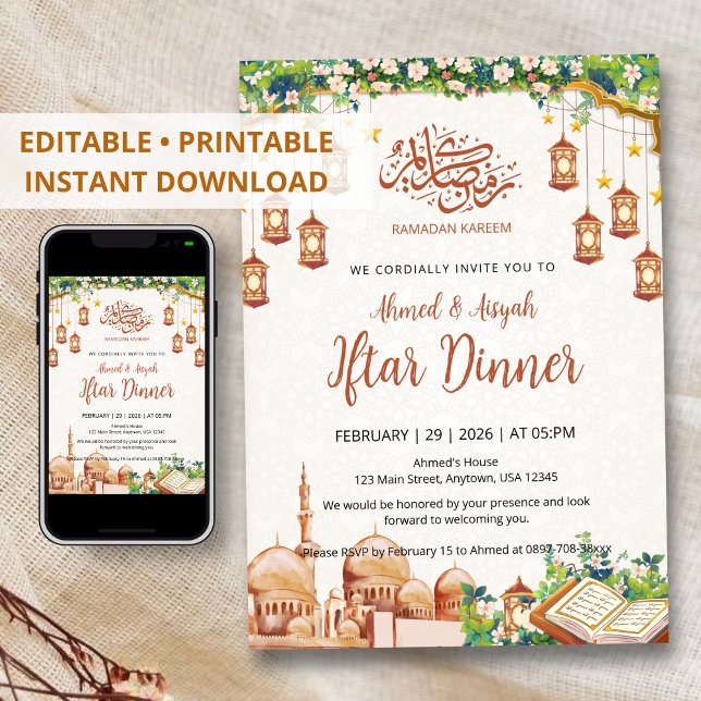 Invitation Mosquée florale & Lanternes Dîner Iftar Ramadan (Créateur téléchargé)