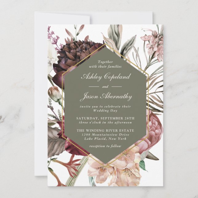 Invitation Moss Green Boho Imaginaire aquarelle Mariage flora (Devant)