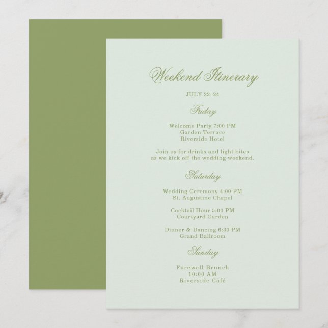 Invitation Moss Green Estate Wedding Itinerary Card (Devant / Derrière)