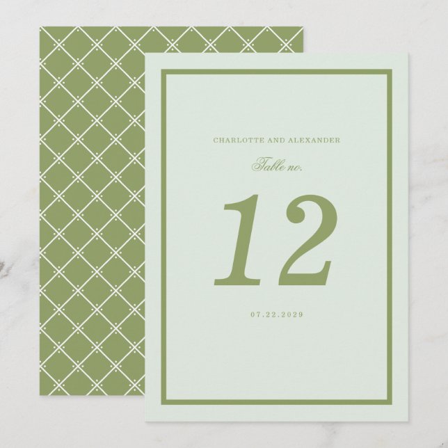 Invitation Moss Green Estate Wedding Table Number Card (Devant / Derrière)