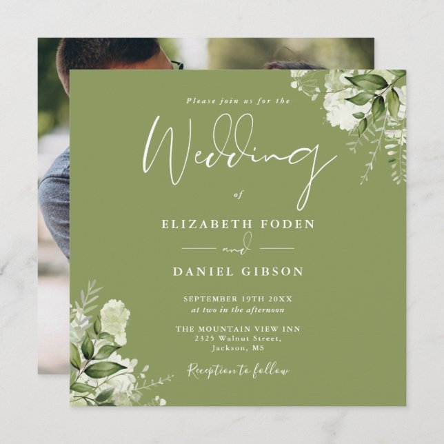 Invitation Moss Green Floral Greenery Carré photo Mariage (Devant / Derrière)