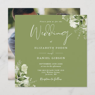 Invitation Moss Green Floral Greenery Carré photo Mariage