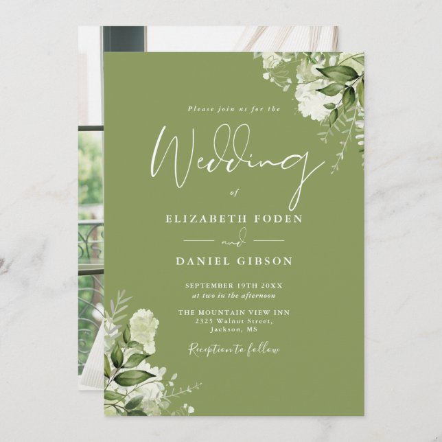 Invitation Moss Green Floral Greenery Élégant Mariage photo (Devant / Derrière)