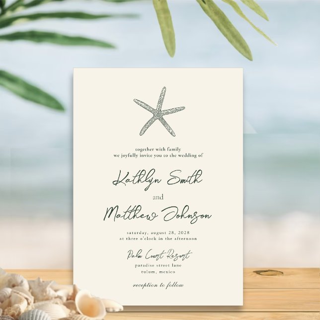 Invitation Moss Green Modern Shell Beach Destination Mariage (Créateur téléchargé)