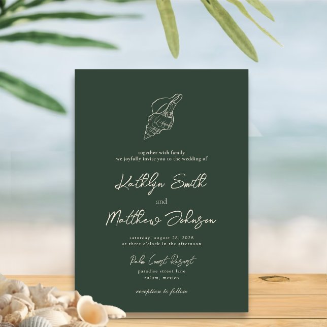 Invitation Moss Green Modern Shell Beach Destination Mariage (Créateur téléchargé)