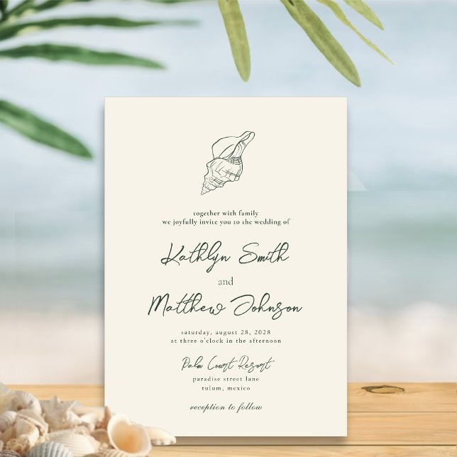 Invitation Moss Green Modern Shell Beach Destination Mariage (Créateur téléchargé)