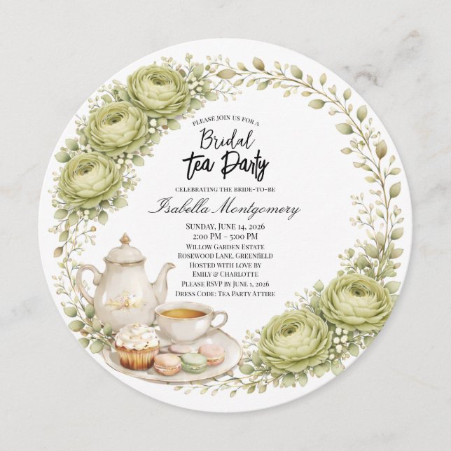 Invitation Moss Green Palette Tea Party Bridal Shower (Devant)